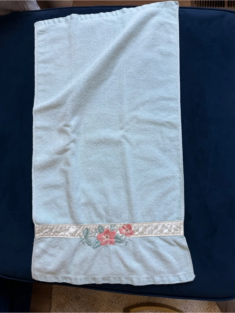 Vintage water works light blue hand towels with satin coral pink flower border